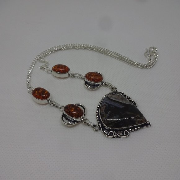 Natural "COFFEE BEAN JASPER & AMBER" Handmade Sterling Necklace 20" #297 - Picture 1 of 3